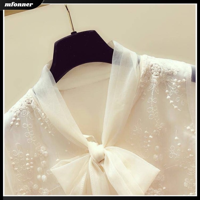 Áo Ren Tay Dài Cổ Chữ V Thắt Nơ Màu Trơn Dễ Thương Thời Trang Mùa Hè Cho Bạn Gái