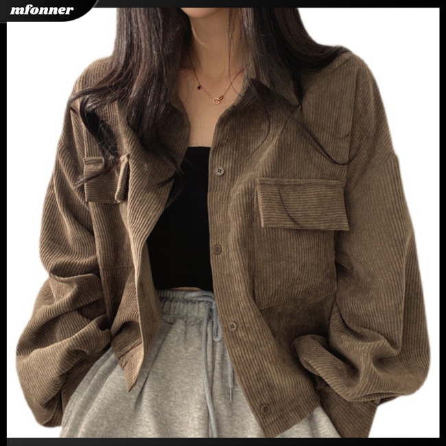 Áo Khoác Sơ Mi Tay Dài Cổ Bẻ Chất Liệu Nhung Dày Dặn Màu Sắc Đơn Giản Phong Cách Retro Cho