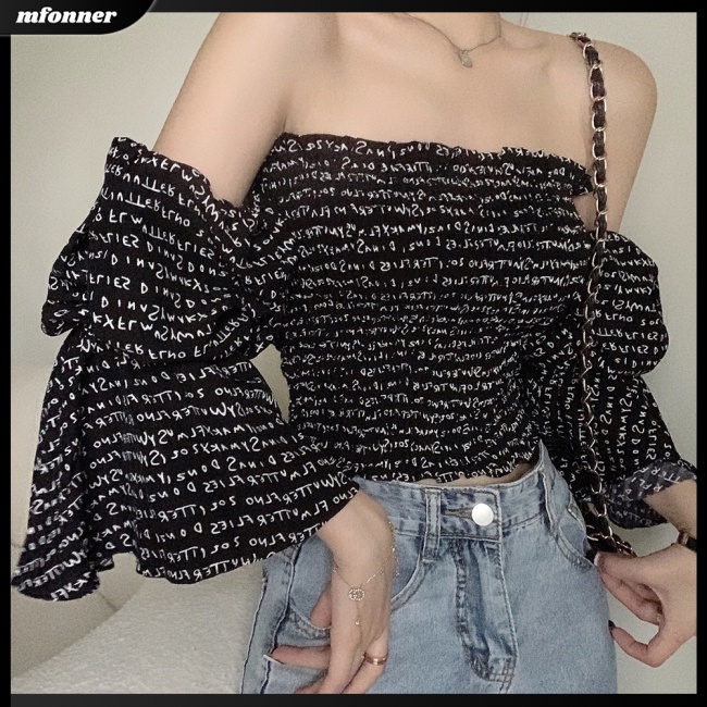 Áo Kiểu Trễ Vai Tay Ngắn Phồng In Chữ Thời Trang Mùa Hè Quyến Rũ Cho Nữ