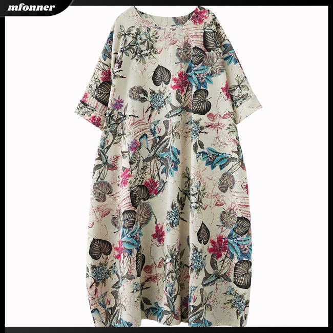 Đầm Dài Vải Lanh Cotton Tay Ngắn Cổ Tròn Plus Size Thời Trang Mùa Hè Cho Nữ