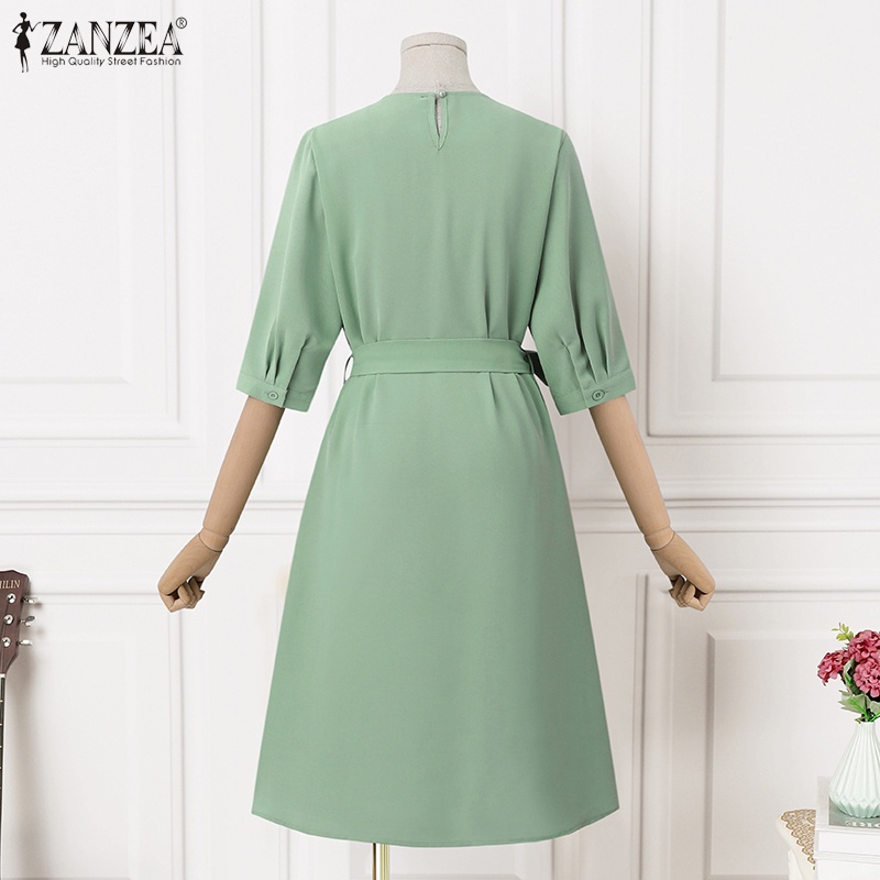 Đầm midi ZANZEA cổ tròn tay 3/ 4 thời trang cho nữ