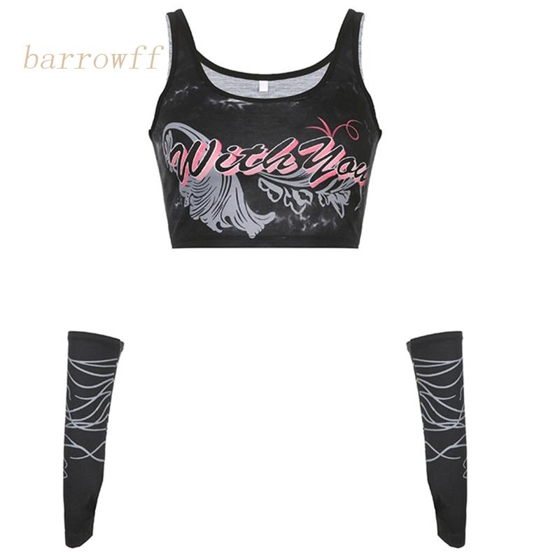 Brroa Áo Croptop Không Tay Khoét Lỗ In Chữ Phong Cách Harajuku Punk Cá Tính Cho Nữ