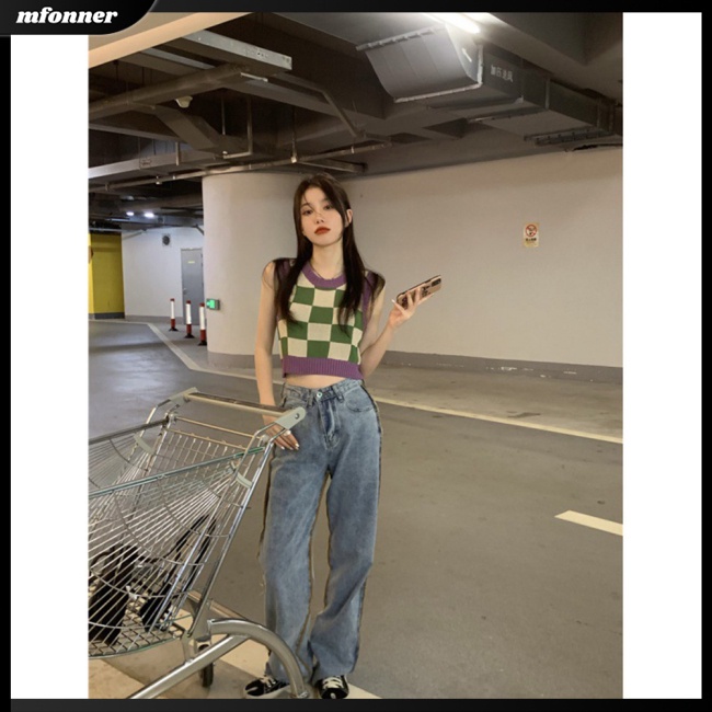 Áo Croptop Dệt Kim Không Tay Cổ Tròn In Họa Tiết Bảng Thời Trang Cho Nữ