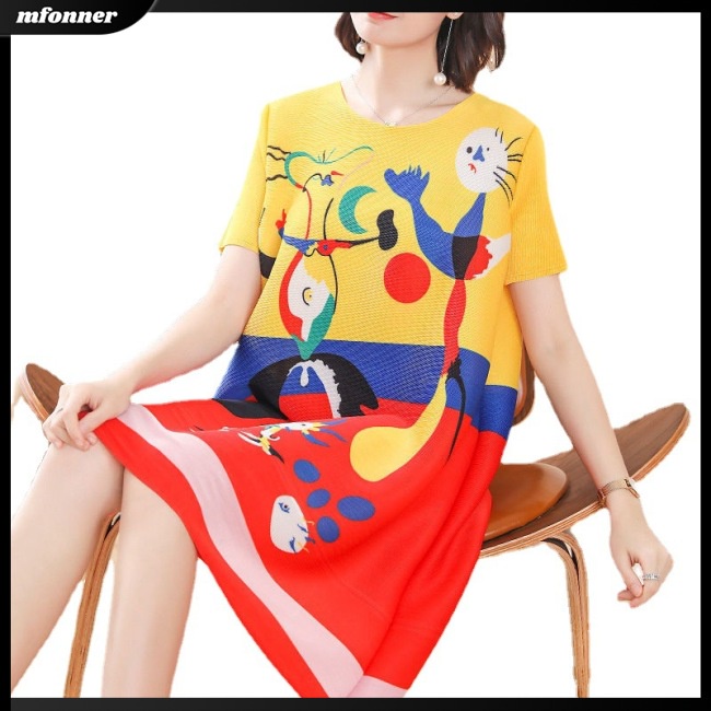 Đầm Midi Ngắn Tay Cổ Tròn Dáng Rộng In Màu Khối Thời Trang Cho Nữ