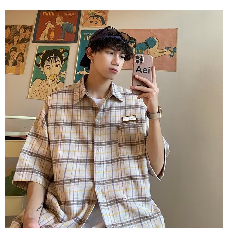 Áo Sơ Mi Ngắn Tay Dáng Rộng Hoa Văn Kẻ Ô Giản Dị Dành Cho Nam