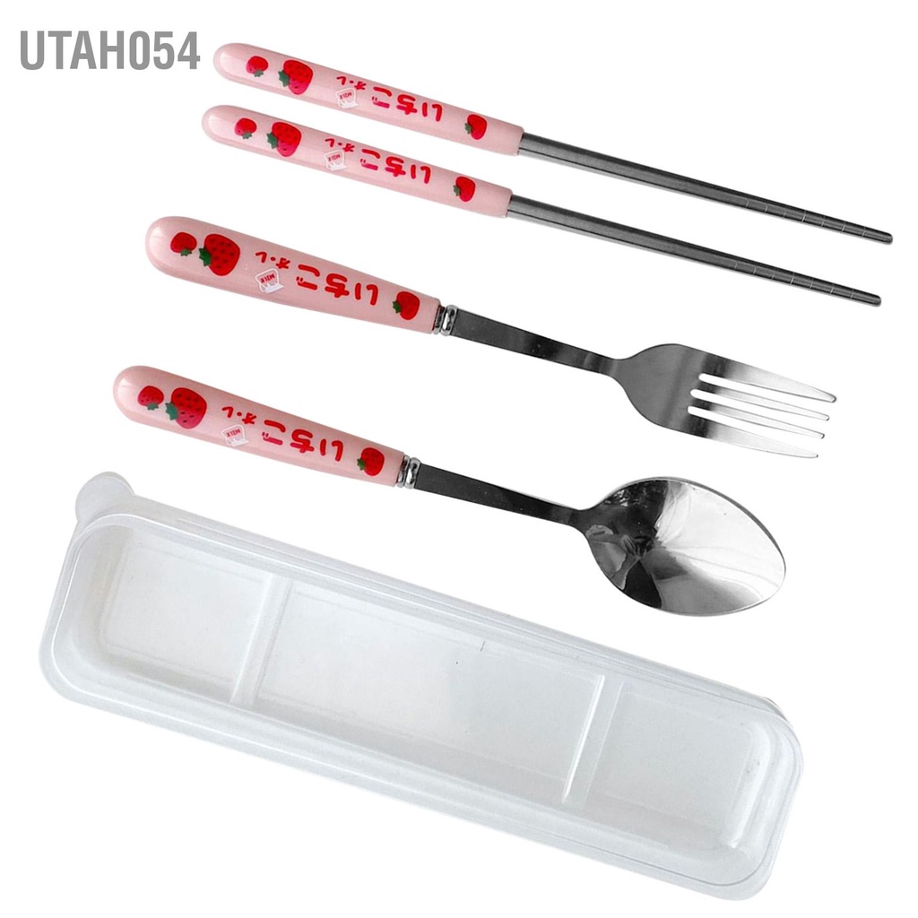 Utah054 Bộ 3 Đồ Ăn Dùng Muỗng Nĩa Đũa Tròn Bằng Thép Không Gỉ Phẳng Dao Kéo Có Hộp Trong Suốt