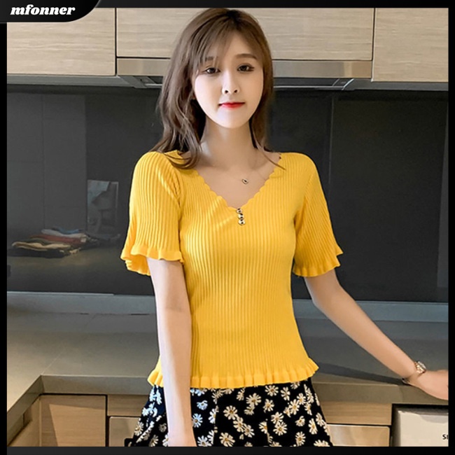 Áo Dệt Kim Tay Ngắn Cổ Chữ V Màu Sắc Đơn Giản Cho Nữ