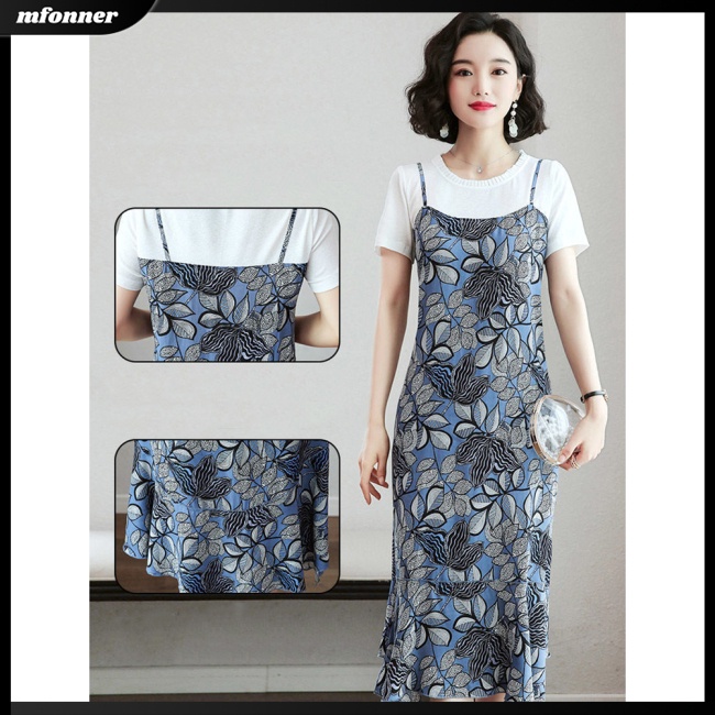 Đầm Giả Hai Mảnh Dáng Suông Tay Cộc Cổ Tròn Giả Hai Mảnh In Họa Tiết Hoa Thoải Mái Cho Nữ