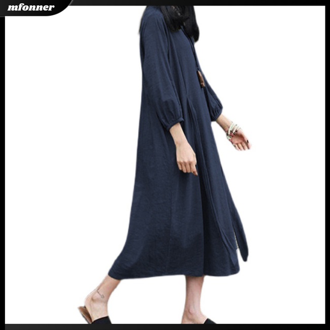 Đầm Midi Cotton Tay Dài Cổ Tròn Thắt Dây Eo Màu Sắc Trơn Phong Cách Nhật Bản Dành Cho Nữ