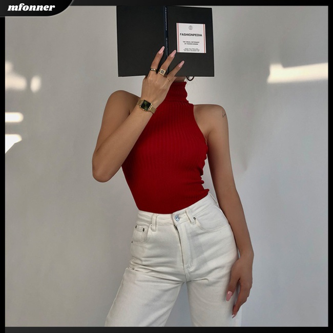 Áo Sweater Dệt Kim Cổ Lọ Không Tay Màu Sắc Đơn Giản Cho Nữ