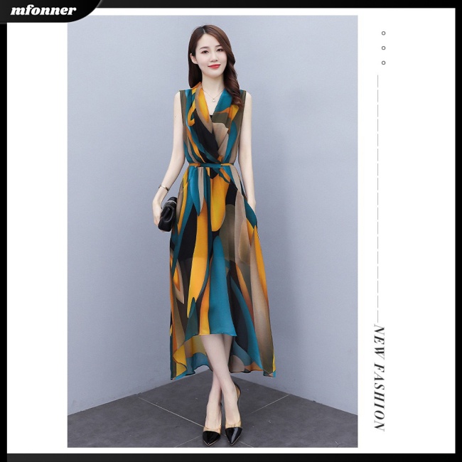 Đầm Dài Qua Gối Không Tay Cổ Chữ V In Họa Tiết Phong Cách Phương Tây Lãng Mạn Dành Cho Nữ