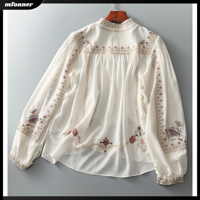 Áo Sơ Mi Tay Phồng Cổ Đứng Màu Trơn In Họa Tiết Phong Cách Retro Thời Trang Cho Nữ