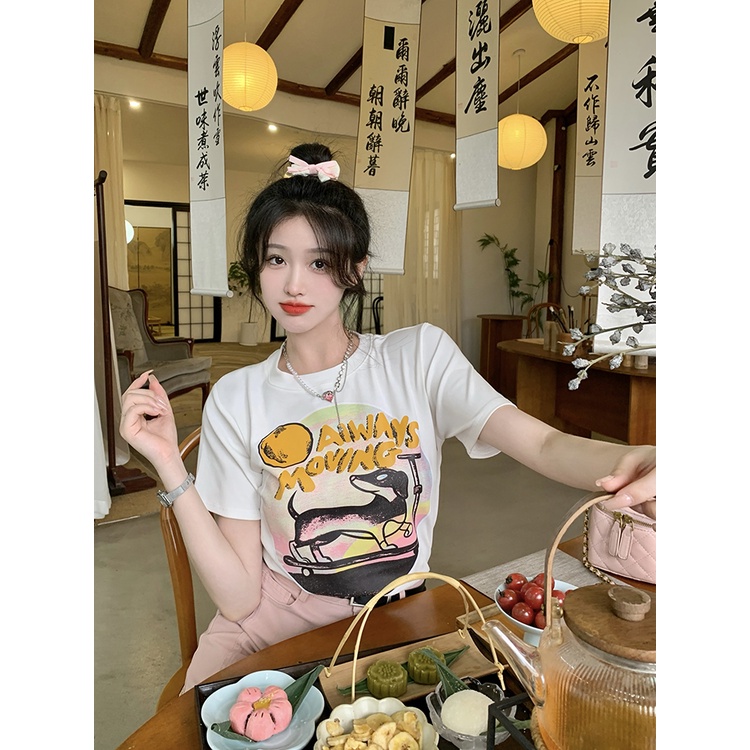 Áo Thun Tay Ngắn Dáng Ôm In Họa Tiết Chú Cún Kiểu Hàn Quốc Thời Trang Mùa Hè Cho