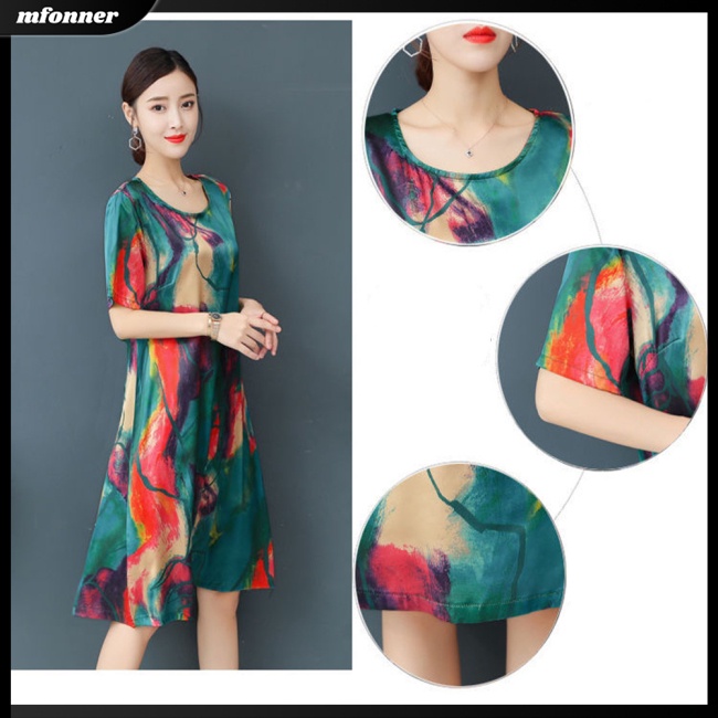 Đầm Chữ A Tay Ngắn Cổ Tròn Dáng Rộng In Họa Tiết Thời Trang Cho Nữ