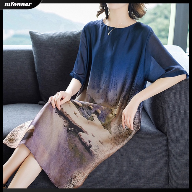 Đầm Lụa Lạnh Mỏng Dáng Rộng Tay Ngắn In Họa Tiết Xinh Xắn Cho Nữ