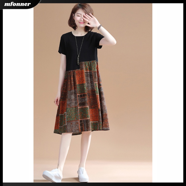 Đầm Midi Tay Ngắn Cổ Tròn Dáng Rộng Họa Tiết Kẻ Sọc Thời Trang Mùa Hè Xinh Xắn Cho Nữ