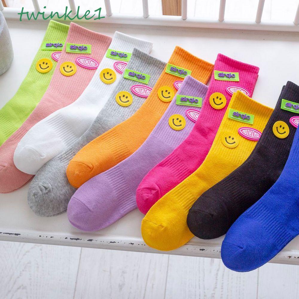 Vớ Cotton Cổ Trung Màu Trơn In Họa Tiết Mặt Cười Và Chữ Thời Trang Cho Nữ