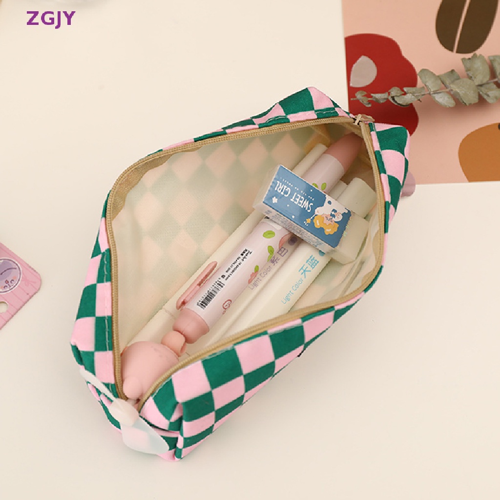 Túi Đựng Bút Chì / Mỹ Phẩm Bằng Vải Bạt Kẻ Sọc Caro Sức Chứa Lớn Sáng Tạo Mới