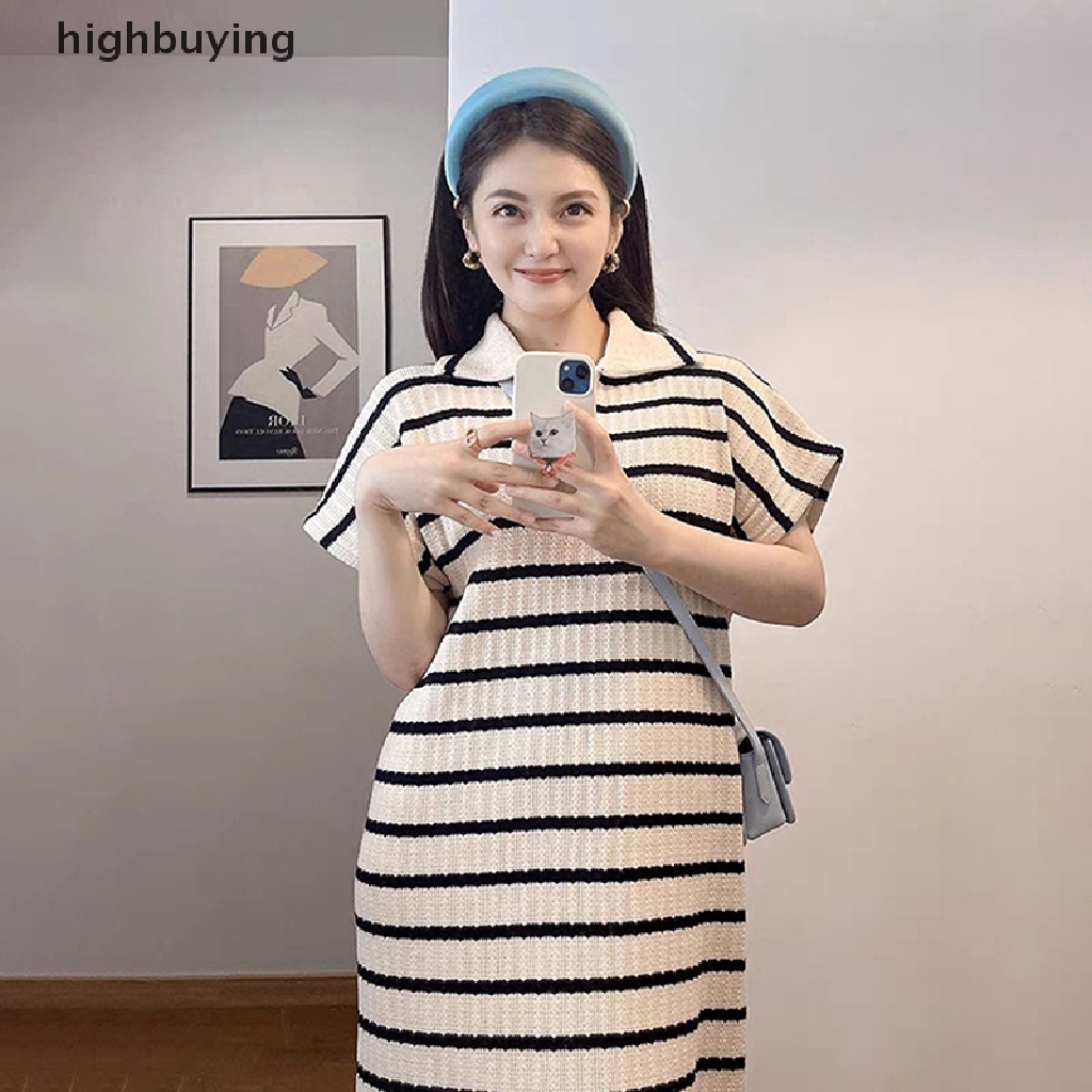 Đầm Thun Dài Cổ Chữ V Tay Ngắn Họa Tiết Kẻ Sọc Thời Trang Cho Nữ