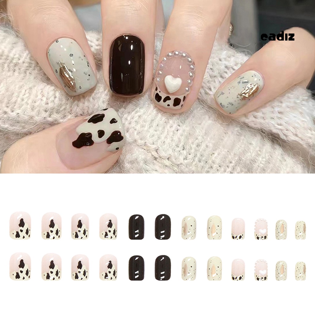 Bộ 24 Móng Tay Giả Đính Đá / Ngọc Trai / Kim Cương Giả / Họa Tiết Bò Sữa Tinh Tế Dễ Tháo Rời DIY