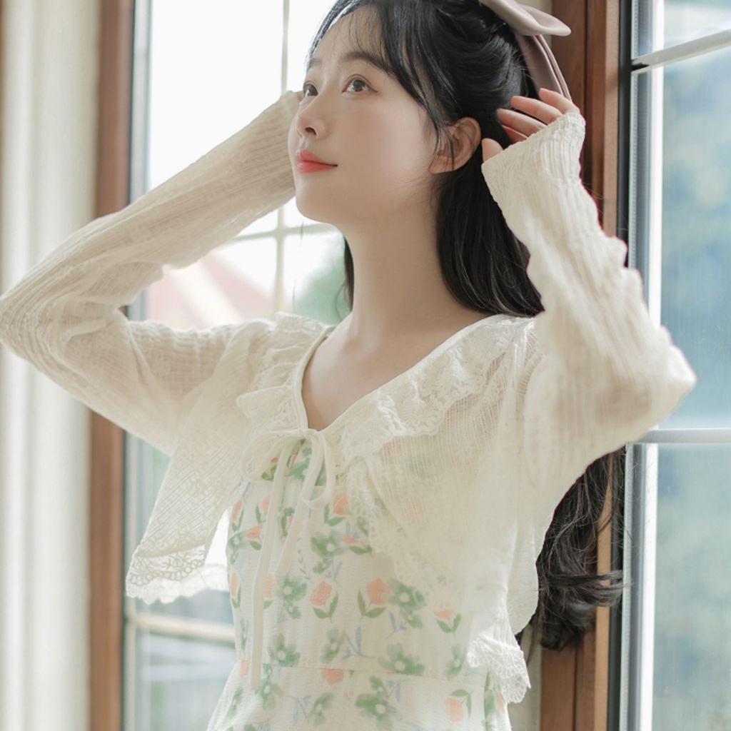 Áo Khoác cardigan Ren Hai Màu Có Tai Gỗ Chống Nắng Mùa Hè Cho Nữ