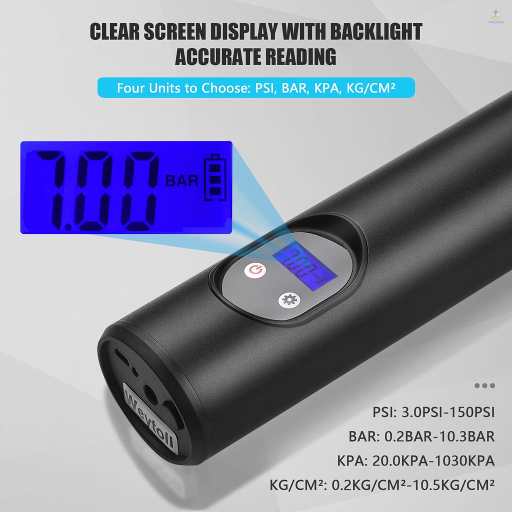 Máy Nén Khí Mini 12V 150 PSI Màn Hình LCD Kỹ Thuật Số Có Đèn LED Sạc Pin 2000mAh Tự Động Tắt Mở Cho Xe Hơi