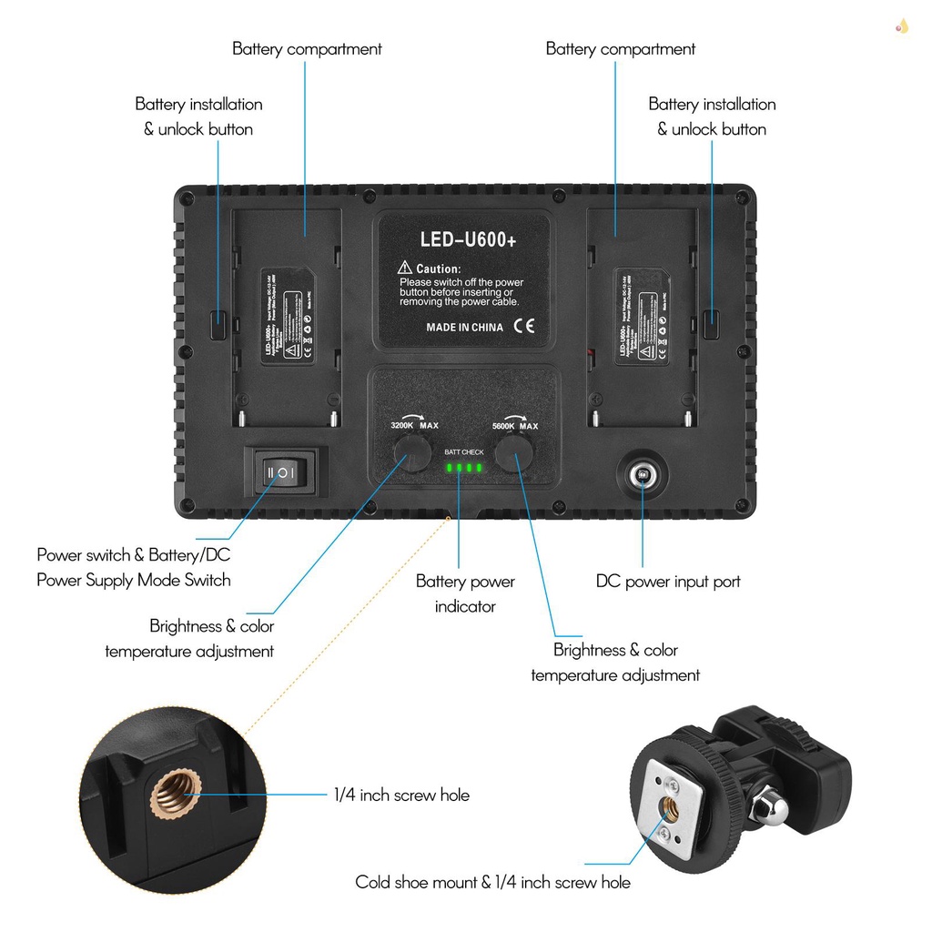 Set 1 Bảng Đèn LED Andoer LED-600 Ánh Sáng Trắng Điều Chỉnh Được Nhiệt Độ 3200-5600K