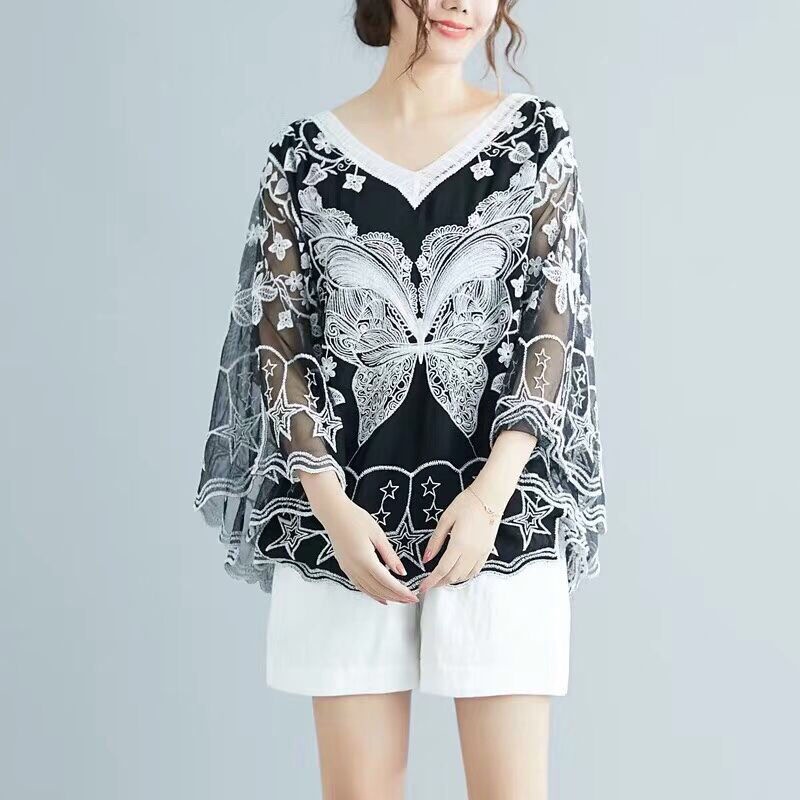 Áo Choàng Sơ Mi Dáng Rộng Phối Ren Thêu Họa Tiết Plus Size Cho Nữ