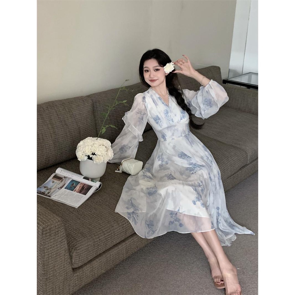 Đầm maxi Vải Voan Cổ V Tay Dài In Hoa Kiểu Pháp Thời Trang Mùa Hè Cho Nữ