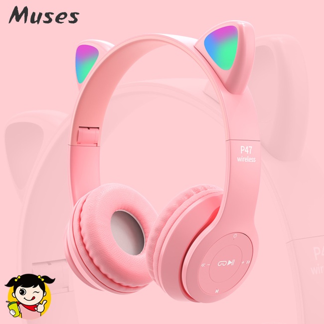 Tai Nghe Chụp Tai P47m Bluetooth Không Dây Thiết Kế Tai Mèo Dạ Quang Dễ Thương