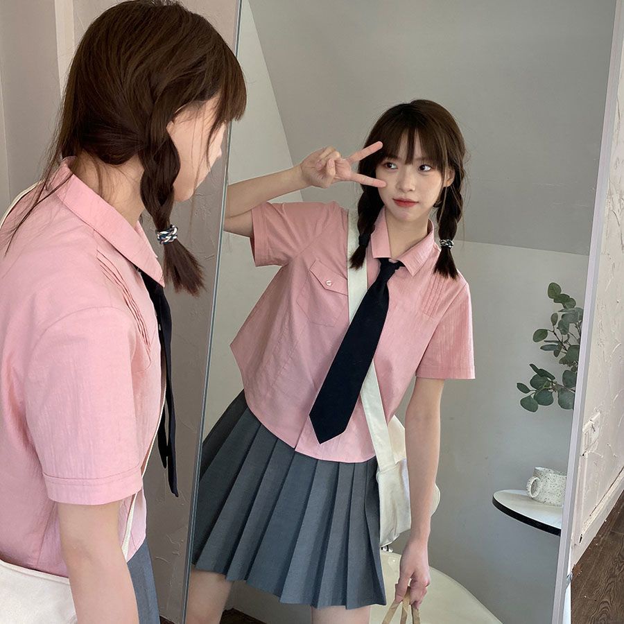 Áo Khoác Sơ Mi Xếp Ly Dáng Ngắn Phối Cà Vạt Kiểu Nhật Bản Dễ Thương Cho Nữ Sinh