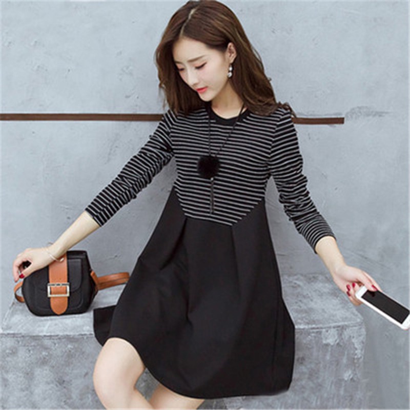 Áo Thun Dài Vừa Kẻ Sọc Trắng Đen Phong Cách Hàn Quốc Thời Trang Xuân Thu Cho Mẹ Bầu