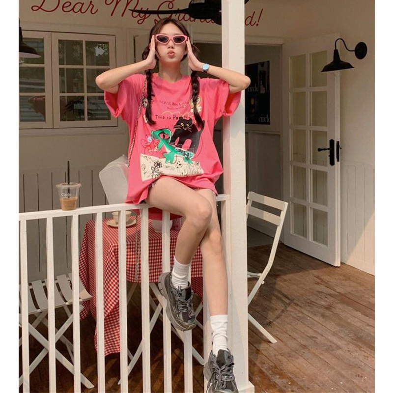 Áo Thun Nữ Ngắn Tay In Hình Mèo Graffiti