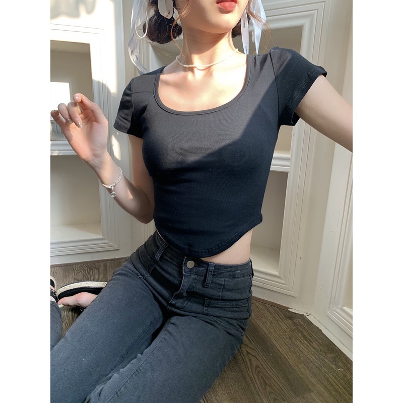 Áo Thun Ngắn Tay Cổ Chữ U Lệch Vai Thời Trang Mùa Hè Cho Nữ