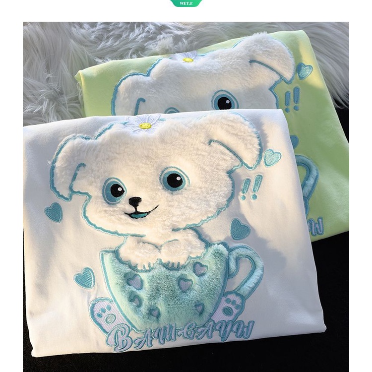 Áo Thun Tay Ngắn Dáng Rộng Thêu Hình Cún Bông Dễ Thương Thời Trang Mùa Hè 2023 Cho Nữ