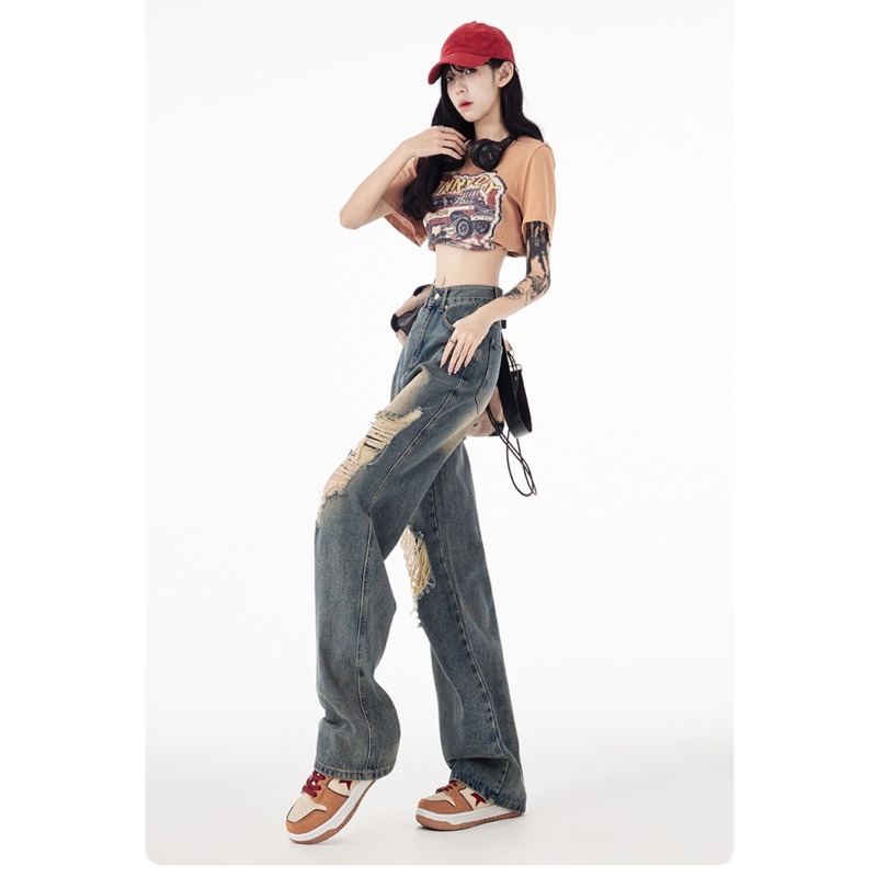 Quần Jean Nữ Lưng RENJIANVSHENG Cao Rách Gối Cá Tính