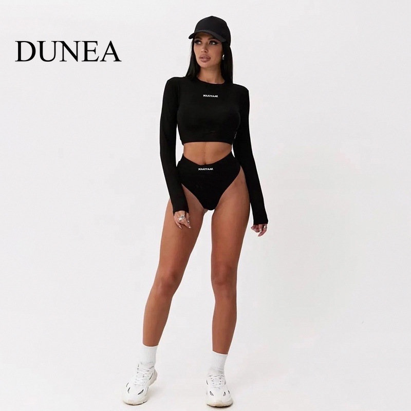 DUNEA Set Áo Thun Ngắn Tay Cổ Tròn + Quần Short Thêu Họa Tiết Thời Trang Nữ