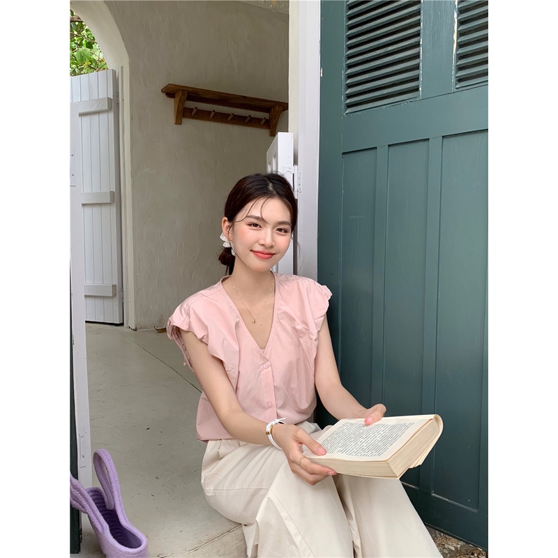 SUXI Áo Sơ Mi Không Tay Cổ Chữ V Màu Trơn Phong Cách Thời Trang Hàn Quốc