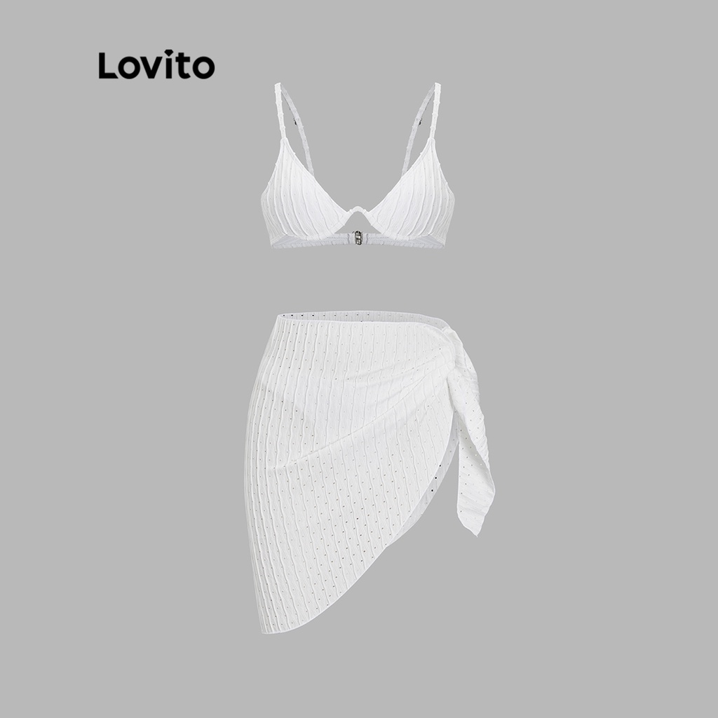 Set bikini Lovito buộc dây màu trơn đệm ngực tháo rời vải kết cấu tốt phong cách thường ngày cho nữ L50AD020 (trắng)