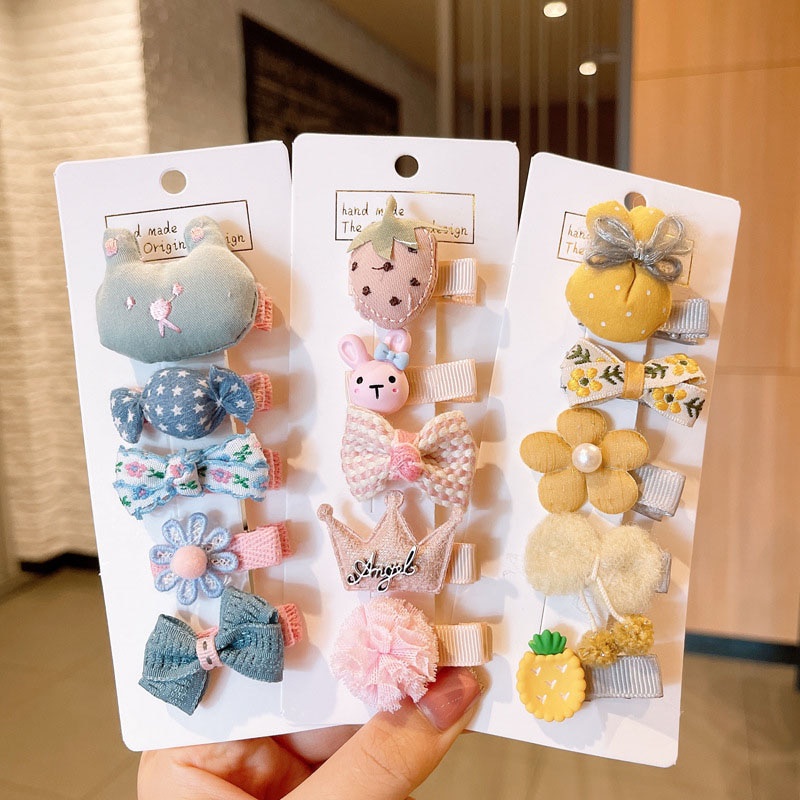 Set 5 Kẹp Tóc Hình Hoa / Dâu Tây / Hoạt Hình Dễ Thương Cho Bé Gái