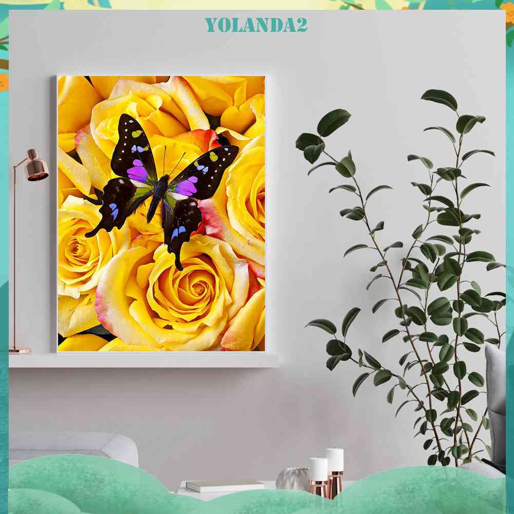 Bộ Tranh Đính Đá 5D Tự Làm Toàn Diện Hình Bướm Và Hoa Hồng Vàng Trang Trí Tường
