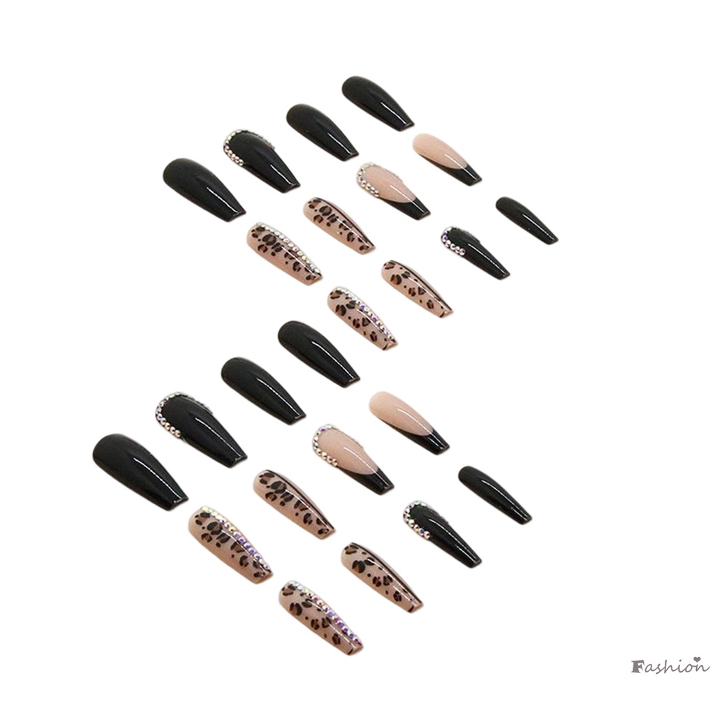 Bộ Móng Tay Giả Dài Màu Đen Đính Đá Nhiều Màu Sắc Không Gây Hại Và Viền Mượt Mà