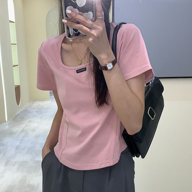 Áo Thun Ngắn Tay Cổ Vuông Viền Cong Thời Trang Retro Cho Nữ
