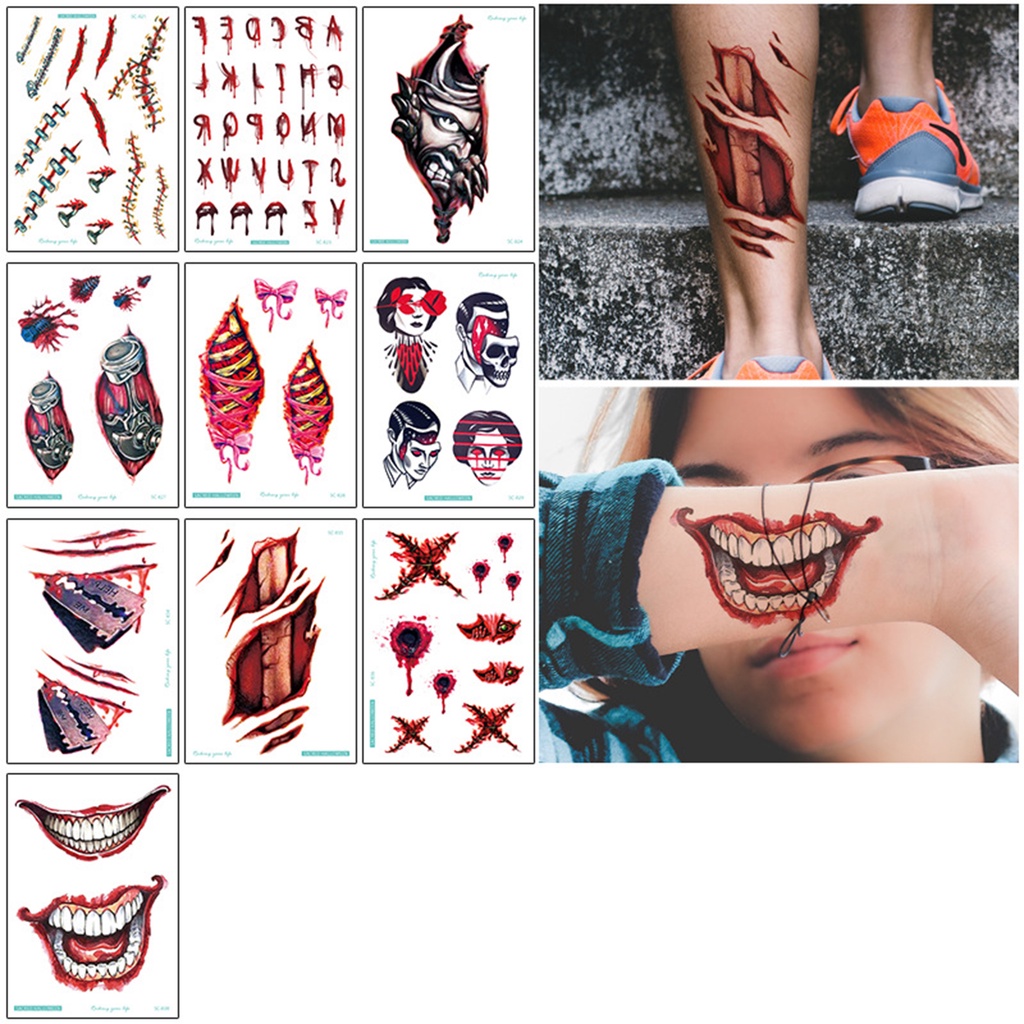 Set 10 Hình Xăm Dán Tạm Thời Chống Nước Siêu Mỏng Đa Năng Phong Cách Halloween