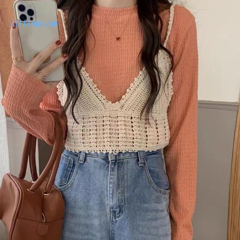 Áo Croptop Hai Dây Dệt Kim Cổ Chữ V Hở Lưng Màu Sắc Trơn Thời Trang Mùa Hè Quyến Rũ Cho Nữ