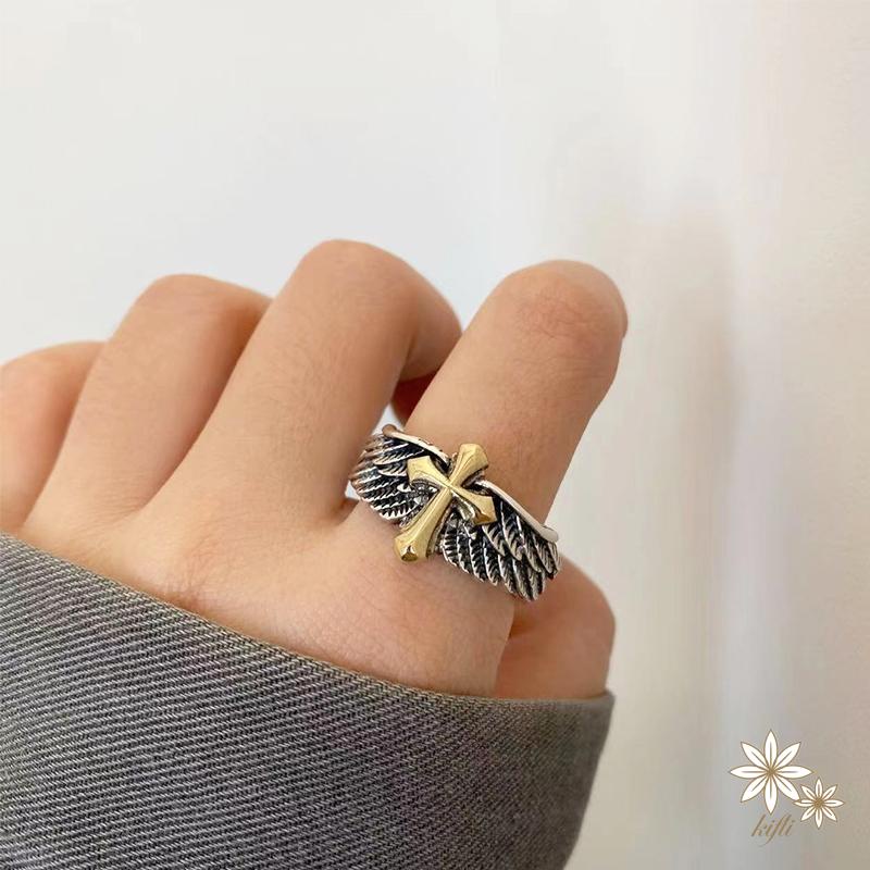 Nhẫn Hở In Chữ Thập Và Đôi Cánh Graffiti Cá Tính Phong Cách Vintage Cho Nam