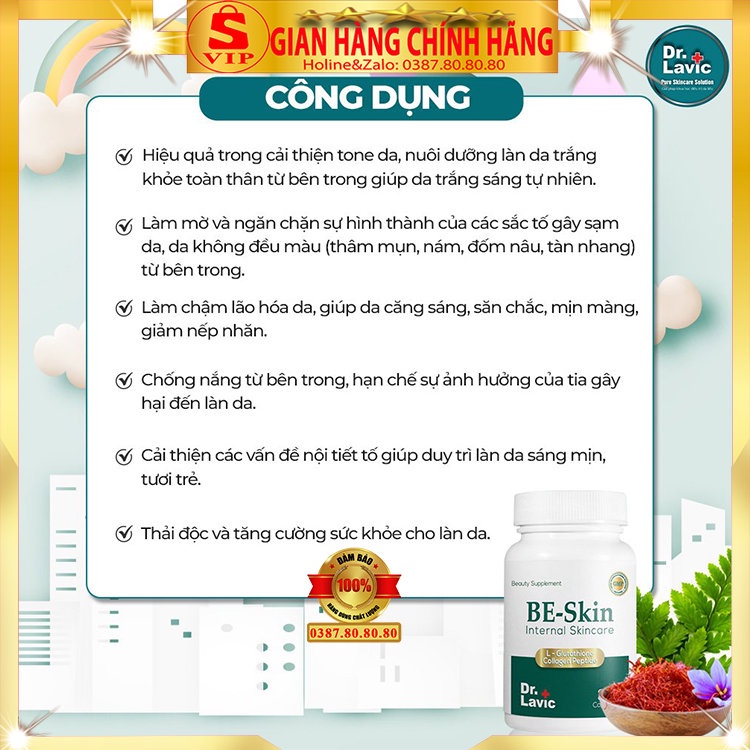 Viên uống trắng da toàn thân Be-Skin Dr.Lavic đẹp da chống nắng bổ sung collagen vitamin C E hộp 30 viên DR931 Drlavic