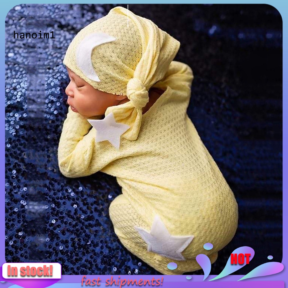 Bộ 2 Món Áo Liền Quần + Mũ Dệt Kim Họa Tiết Ngôi Sao / Mặt Trăng Trang Trí Chụp Ảnh Cho Bé