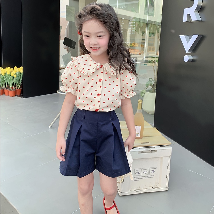 Áo Thun Cotton Cổ Tròn Tay Ngắn Họa Tiết Chấm Bi Thời Trang Mùa Hè Cho Bé Gái