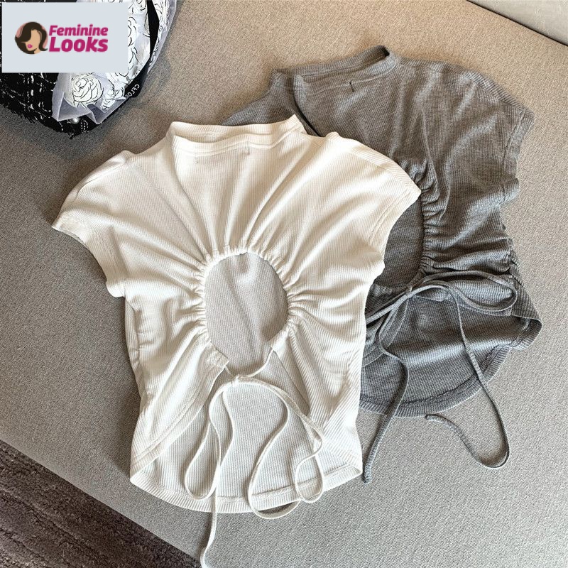 Áo Thun Ngắn Tay Cổ Cao Phối Dây Rút Sau Lưng Thời Trang Cá Tính